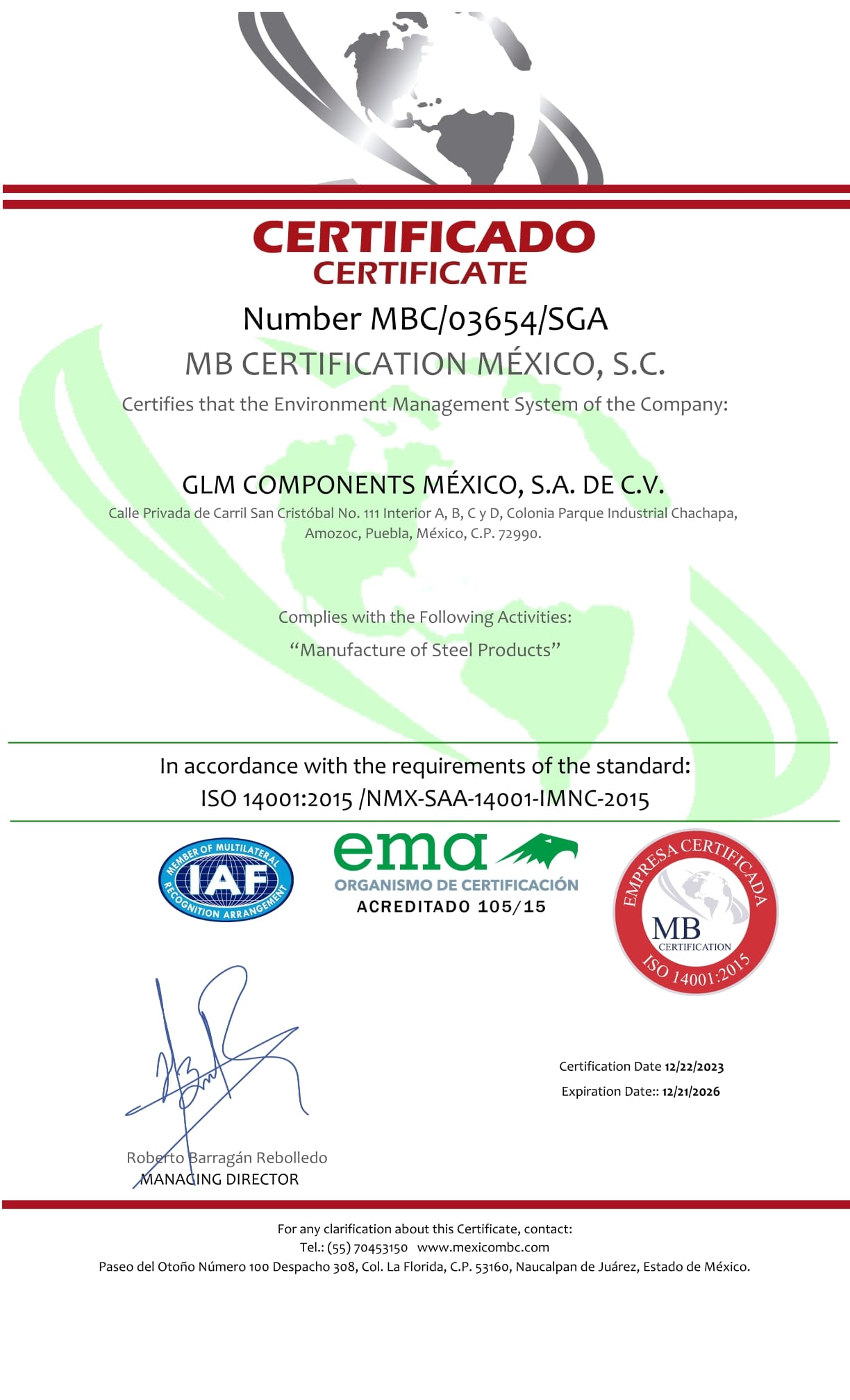 GLM COMPONENTS MÉXICO Certificado ISO 14001 (INGLES) (1)